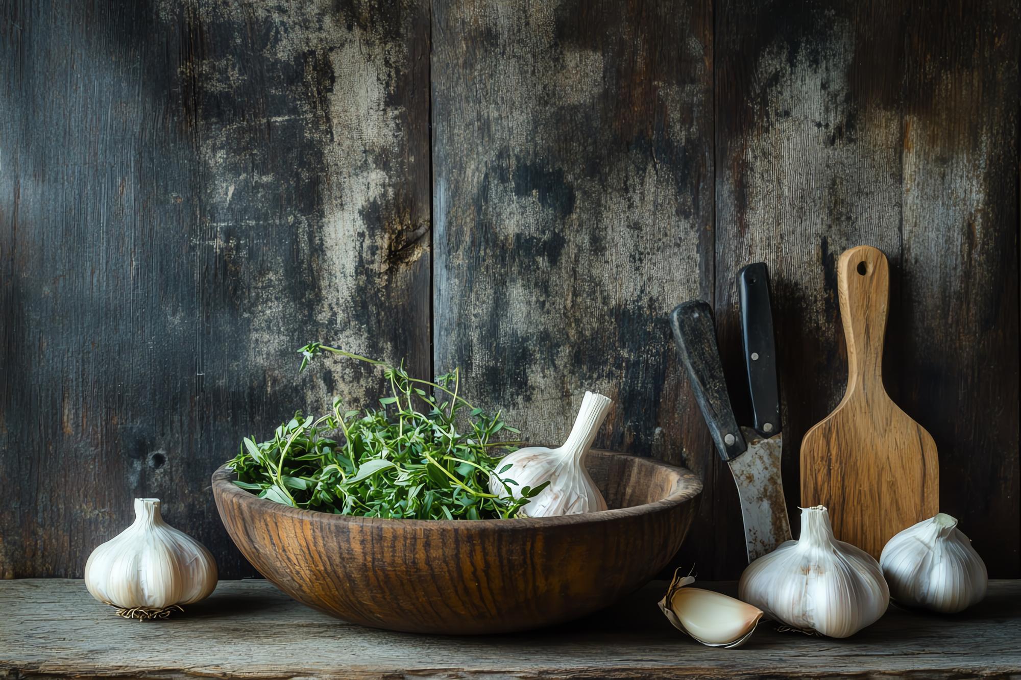 Studio kitchen with tools and fresh herbs