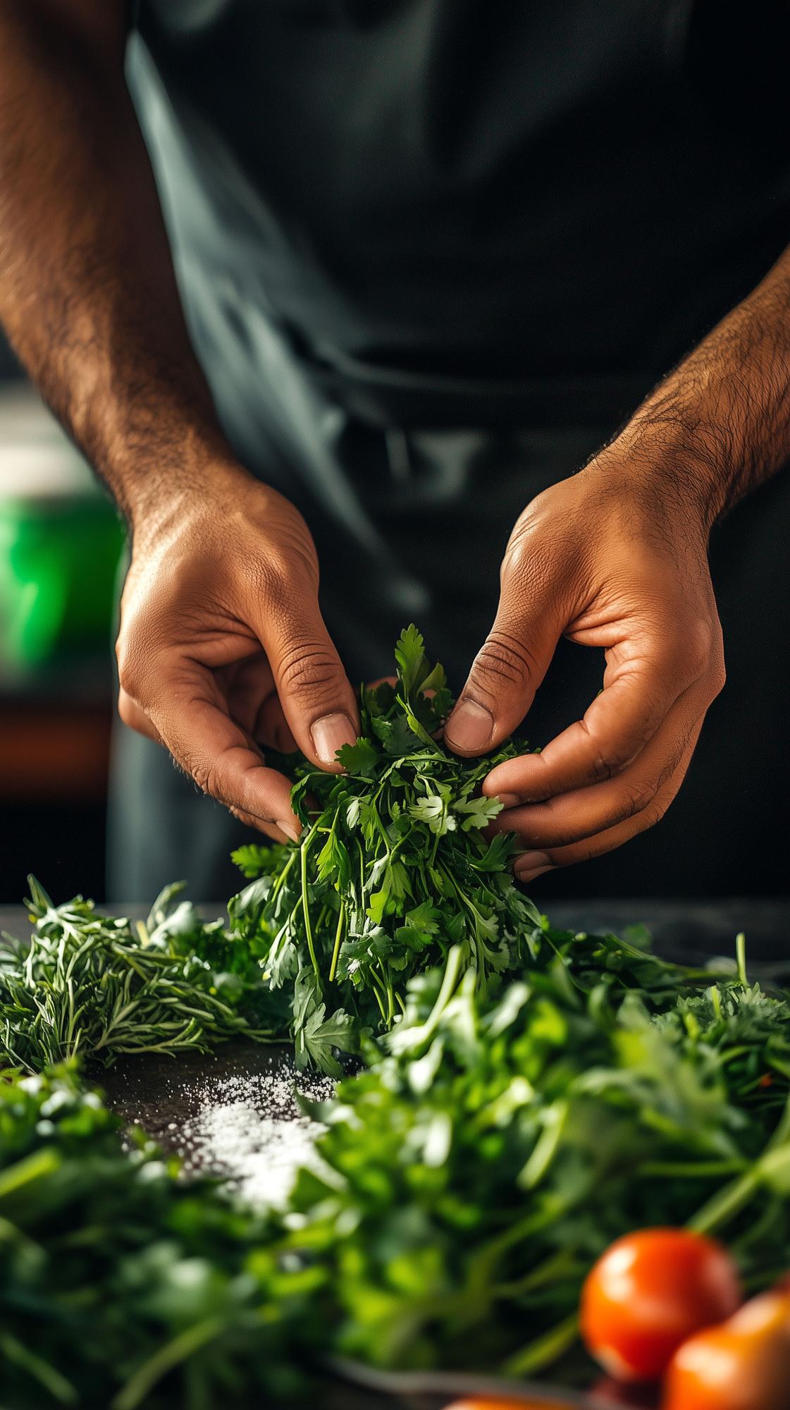 Chef cutting herbs in studio kitchen